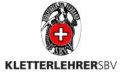 Logo des Bergführerverbandes mit rotem Schweizerkreuz in der Mitte und mit Untertitel Kletterlehrer des Schweizer Bergführerverband.